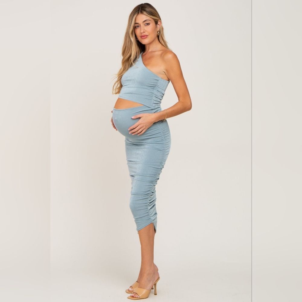 Pinkblush Jade One Shoulder Cutout Ruched Midi‎ Dress M Bodycon Maternity
